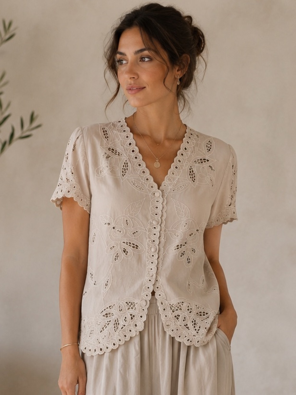 Vintage YAYA Embroidered Eyelet Blouse taupe beige neutral